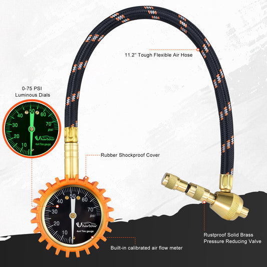 4X4 Rapid Air Down Tire Deflator with Gauge (0-75PSI) , 2" Easy Read Glow Dial & Solid Brass Hardware-Automatic Tire Air Down Tool for Jeep, Truck or ATV