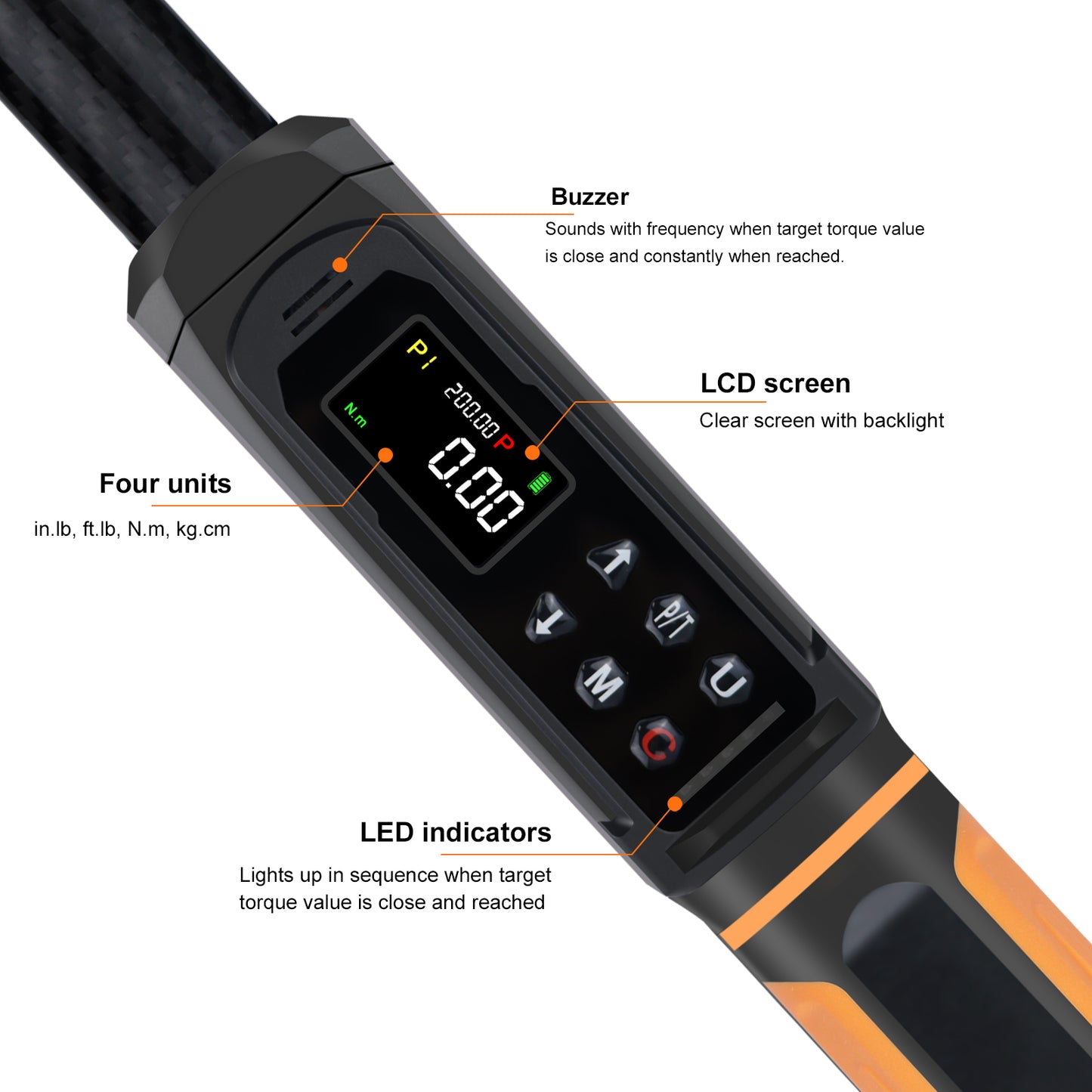 Digital Torque Wrench 1/2 Drive with Carbon Fiber Body, 2.2-147.5 Ft.lb Range, ±1% Accuracy with Vibration, Buzzer and LED Alert, Suitable for Car, Motorcycle and Bicycle