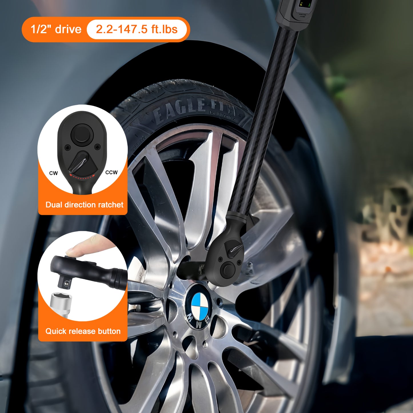 Digital Torque Wrench 1/2 Drive with Carbon Fiber Body, 2.2-147.5 Ft.lb Range, ±1% Accuracy with Vibration, Buzzer and LED Alert, Suitable for Car, Motorcycle and Bicycle