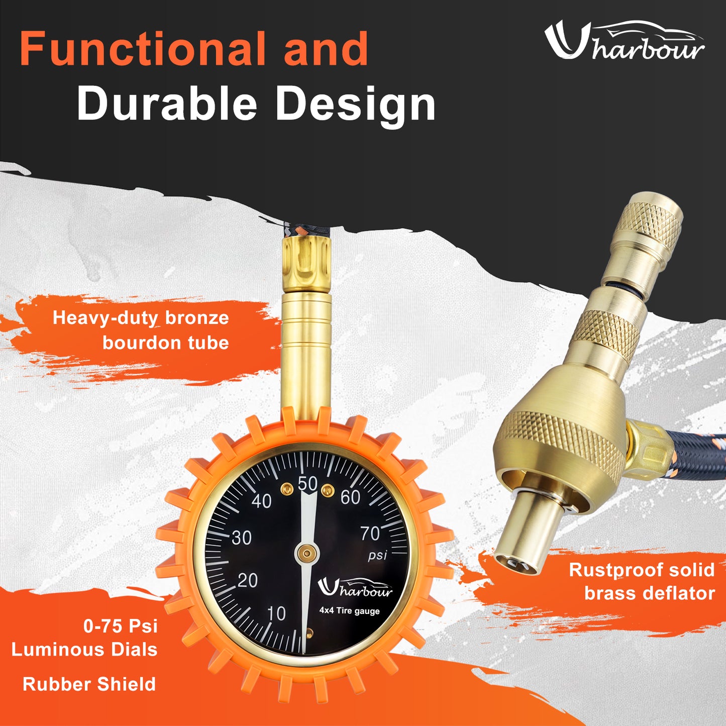 4X4 Rapid Air Down Tire Deflator with Gauge (0-75PSI) ， 2" Easy Read Glow Dial & Solid Brass Hardware-Automatic Tire Air Down Tool for Jeep, Truck or ATV