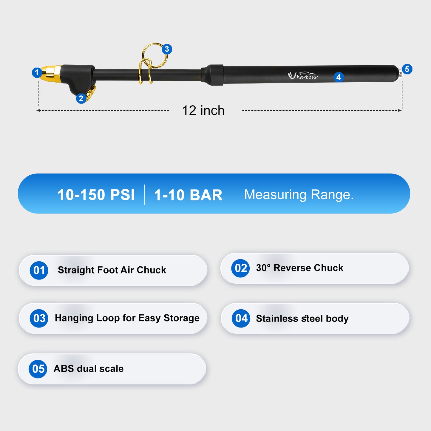 Dual Head Tire Pressure Gauge 10-150PSI, Heavy Duty Semi Truck Tire Pressure Gauge 1-10 Bar, Air Pressure Gauge for Tires Extended Tube for Semi Truck, RV, Car, Motorcycle(Pack of 2)