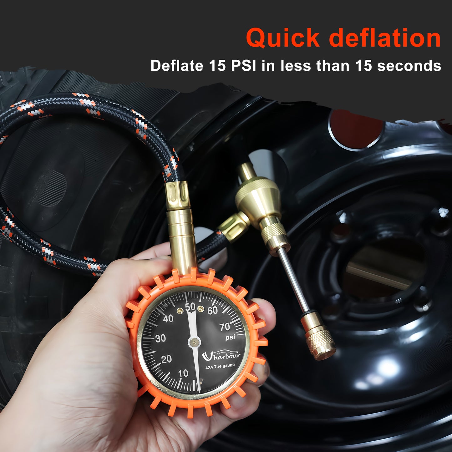 4X4 Rapid Air Down Tire Deflator with Gauge (0-75PSI) ， 2" Easy Read Glow Dial & Solid Brass Hardware-Automatic Tire Air Down Tool for Jeep, Truck or ATV