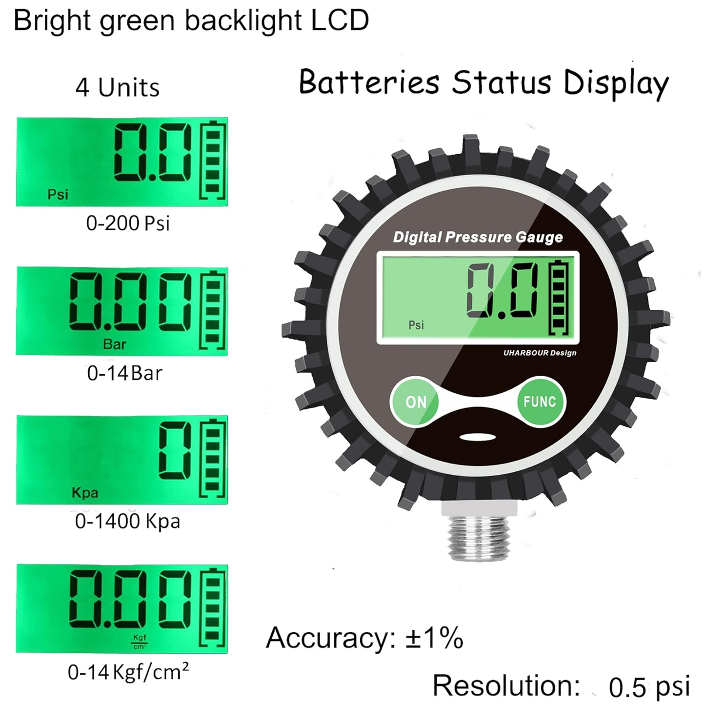 Digital Air Pressure Gauge with 1/4'' NPT Bottom Connector and Rubber Protector, 5-200psi Tire Pressure Gauge, Accuracy 1% F.S.