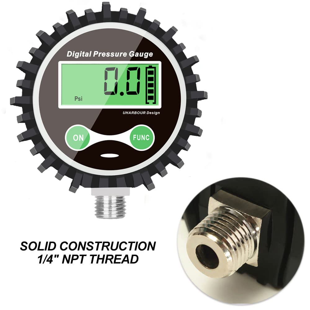 Digital Air Pressure Gauge with 1/4'' NPT Bottom Connector and Rubber Protector, 5-200psi Tire Pressure Gauge, Accuracy 1% F.S.